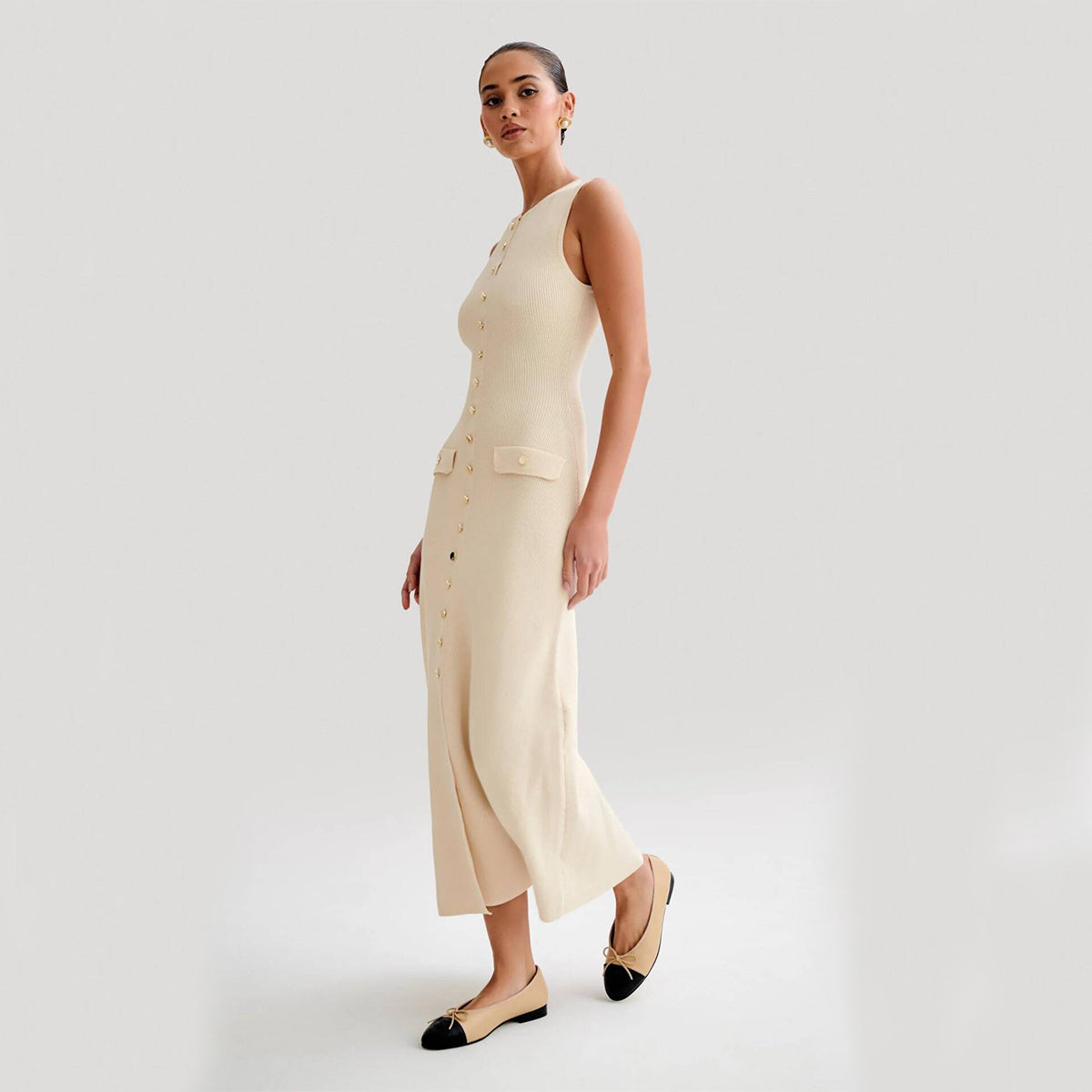 Imane | Robe Longue Sans Manches à Boutons