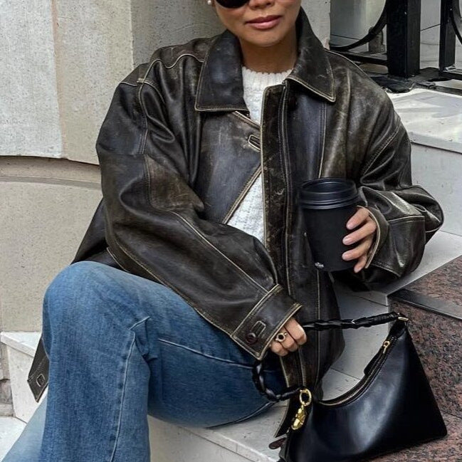 Kayna| Veste Vintage En Cuir Vieilli