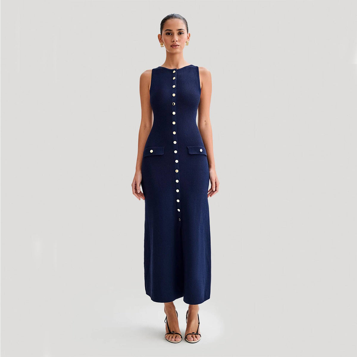 Imane | Robe Longue Sans Manches à Boutons