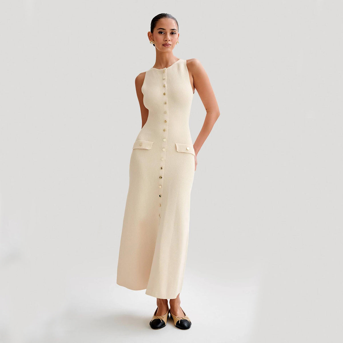 Imane | Robe Longue Sans Manches à Boutons
