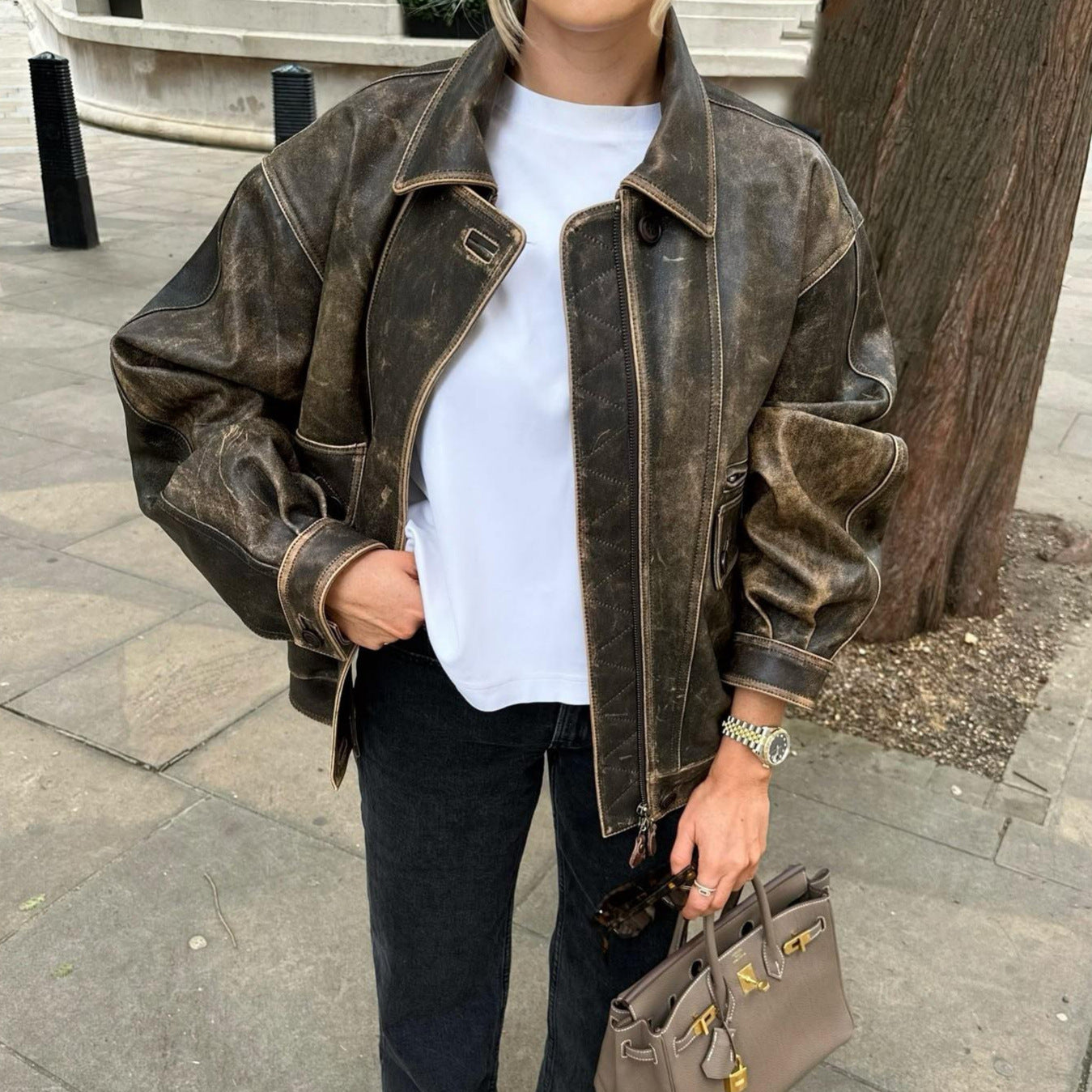 Kayna| Veste Vintage En Cuir Vieilli