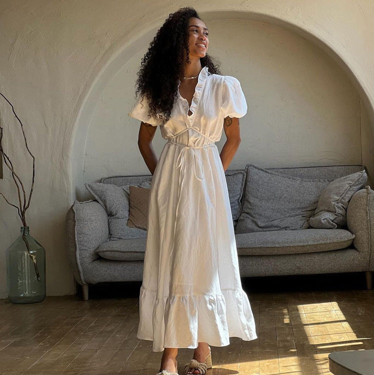 Kassy | Robe Longue Col V à Manches Courtes