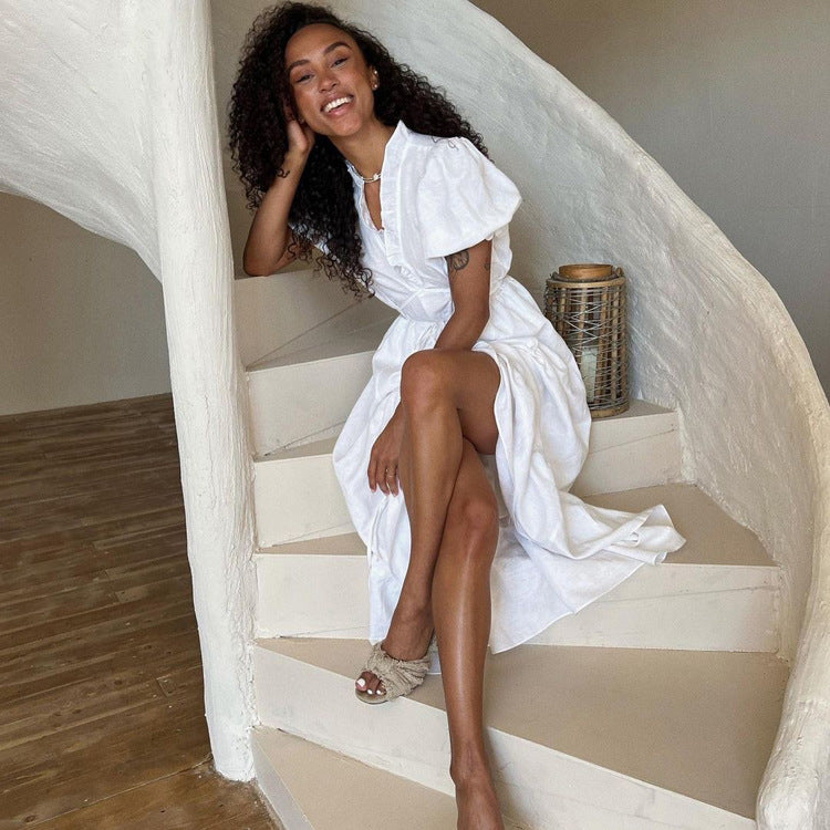 Kassy | Robe Longue Col V à Manches Courtes