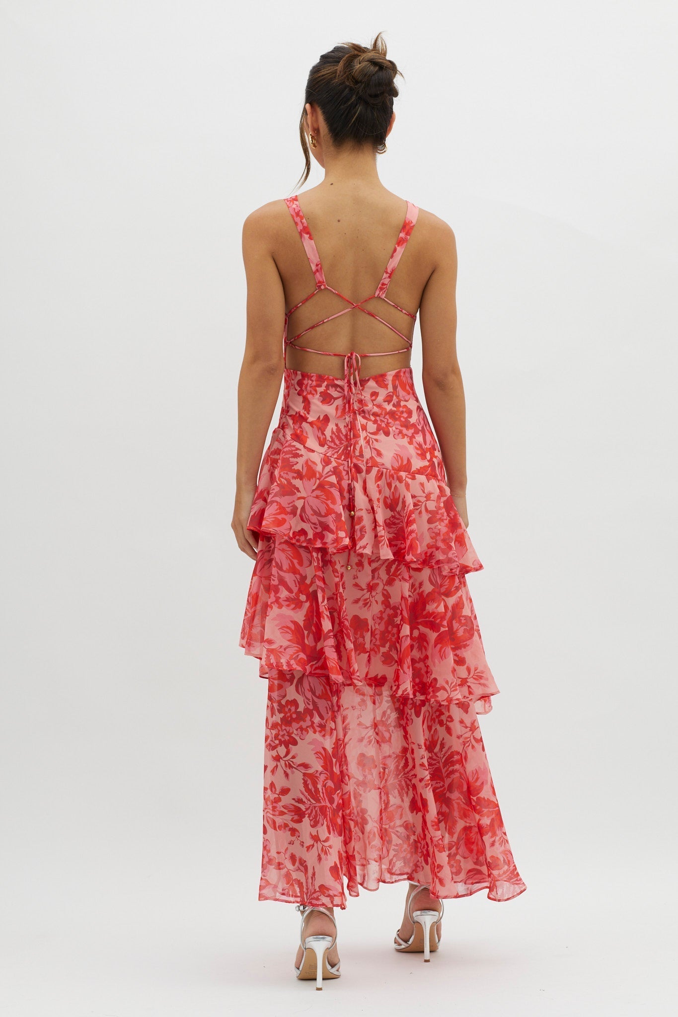 Sarah | Robe Longue à Col V et Volants Fleuri