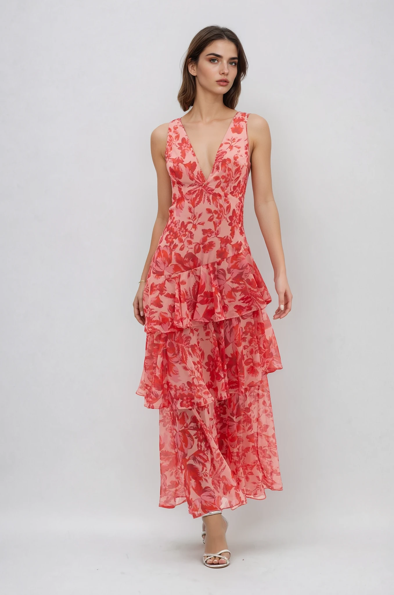 Sarah | Robe Longue à Col V et Volants Fleuri