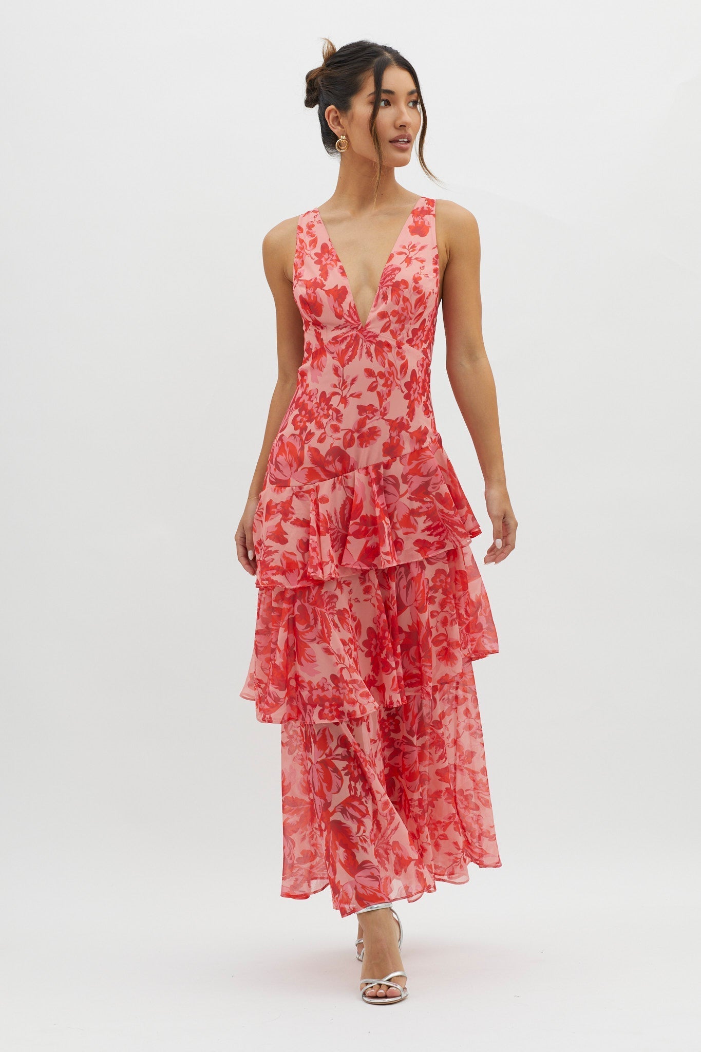 Sarah | Robe Longue à Col V et Volants Fleuri