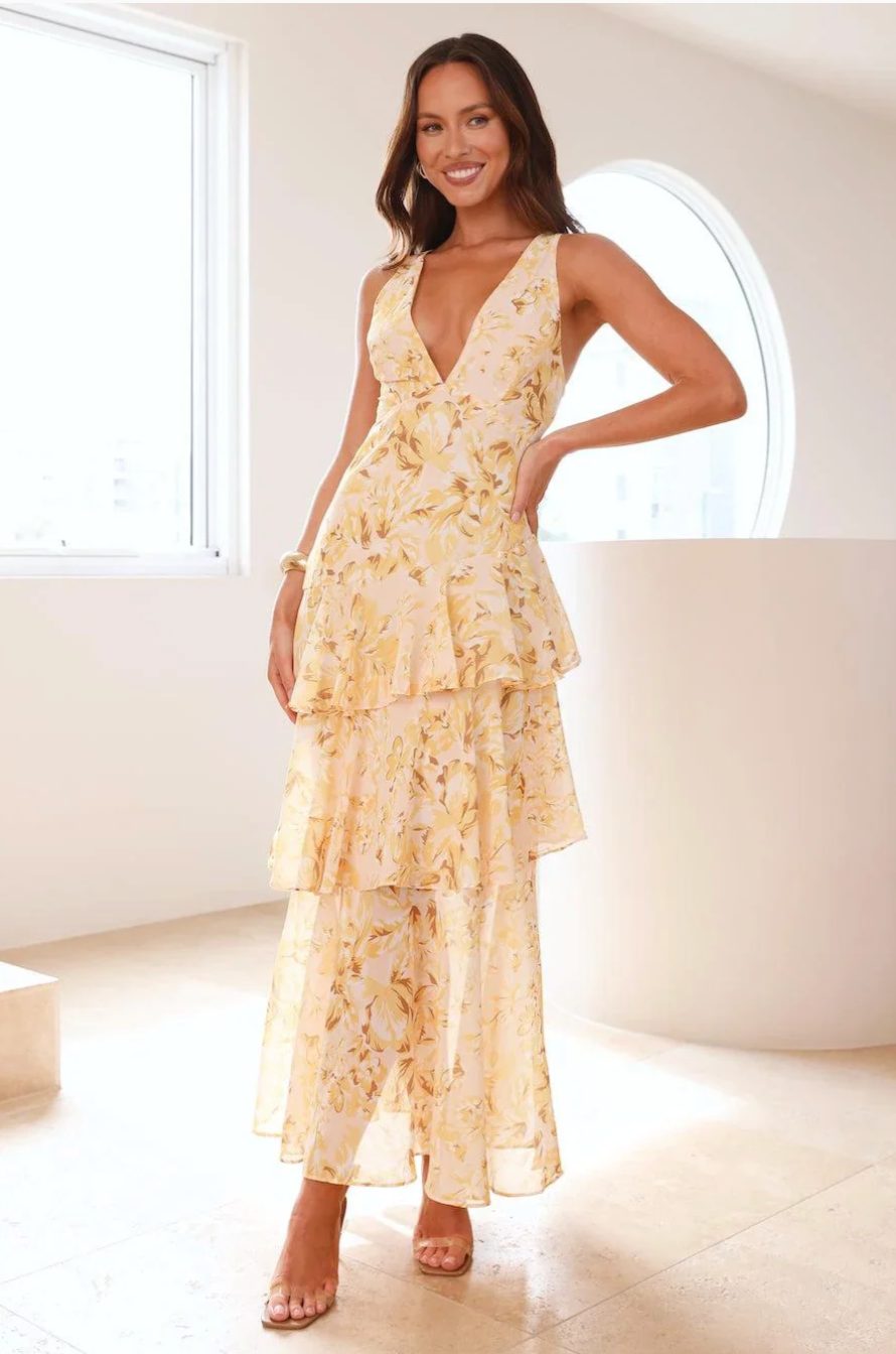 Sarah | Robe Longue à Col V et Volants Fleuri