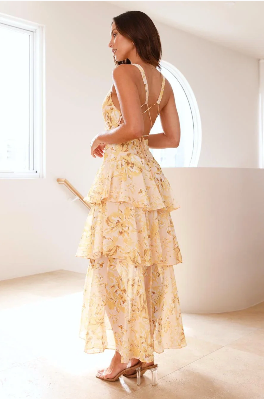 Sarah | Robe Longue à Col V et Volants Fleuri