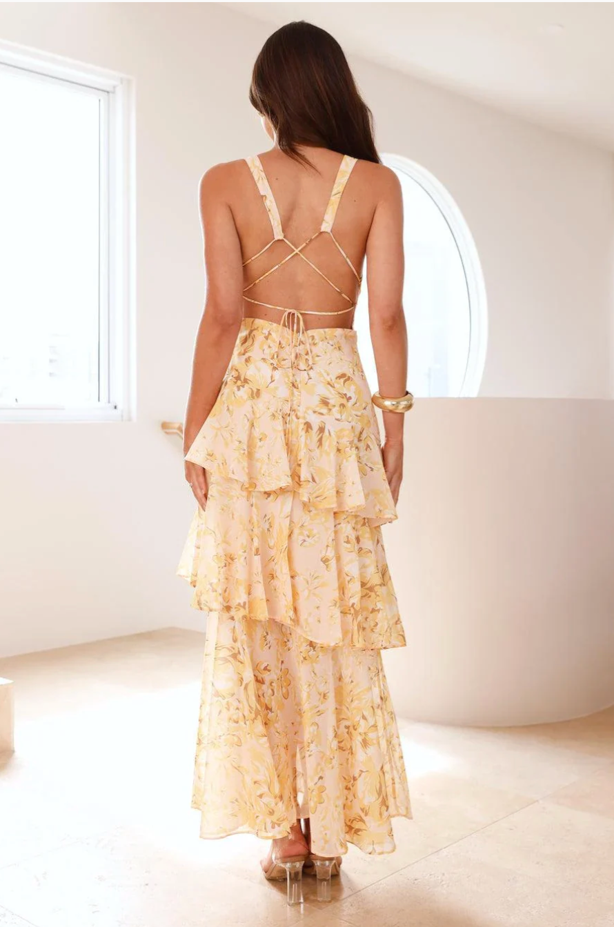 Sarah | Robe Longue à Col V et Volants Fleuri