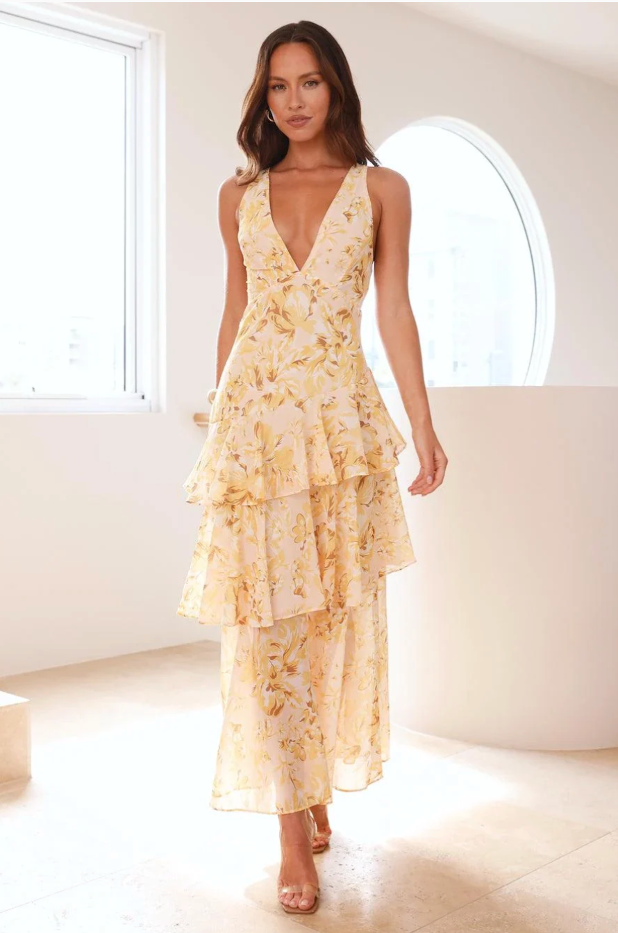Sarah | Robe Longue à Col V et Volants Fleuri