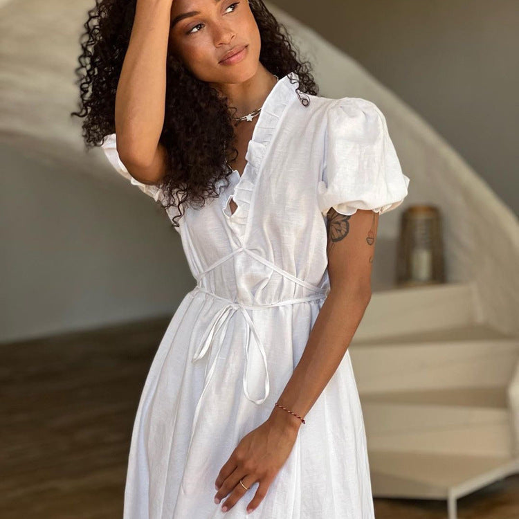 Kassy | Robe Longue Col V à Manches Courtes